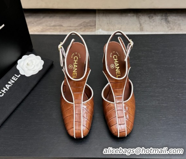 Low Price Chanel Crocodile Embossed Patent Calfskin Leather Slingbacks Pump G47184 Brown 2026
