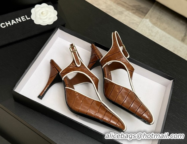 Low Price Chanel Crocodile Embossed Patent Calfskin Leather Slingbacks Pump G47184 Brown 2026