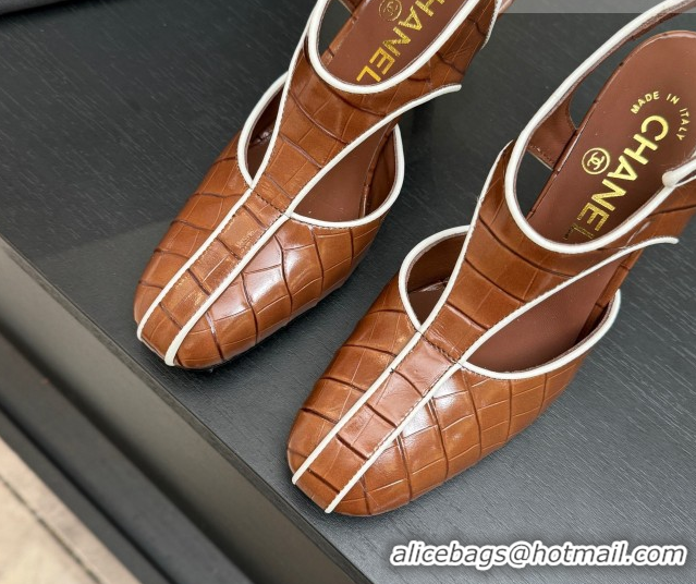 Low Price Chanel Crocodile Embossed Patent Calfskin Leather Slingbacks Pump G47184 Brown 2026