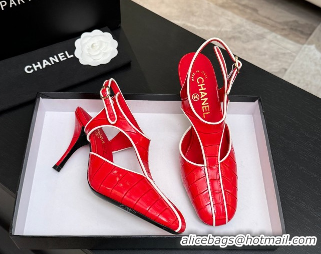 Classic Hot Chanel Crocodile Embossed Patent Calfskin Leather Slingbacks Pump G47184 Red 2026