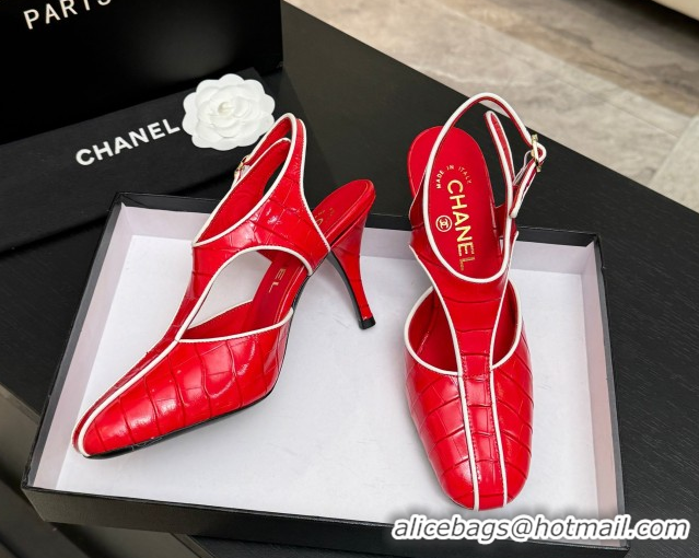Classic Hot Chanel Crocodile Embossed Patent Calfskin Leather Slingbacks Pump G47184 Red 2026