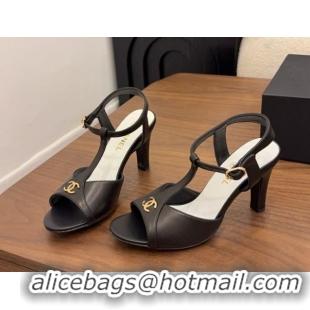Luxury Chanel Calfskin Leather Heel Sandals with T Strap G47030 Black 2026