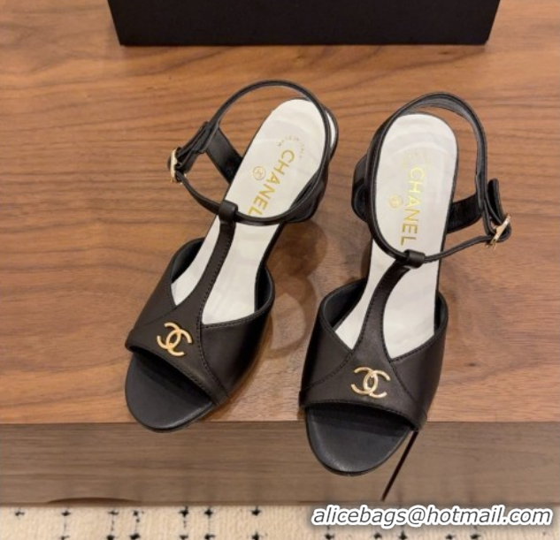Luxury Chanel Calfskin Leather Heel Sandals with T Strap G47030 Black 2026