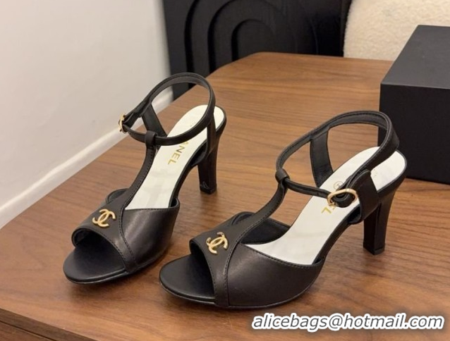 Luxury Chanel Calfskin Leather Heel Sandals with T Strap G47030 Black 2026