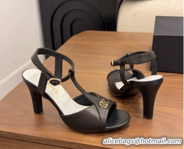 Luxury Chanel Calfskin Leather Heel Sandals with T Strap G47030 Black 2026
