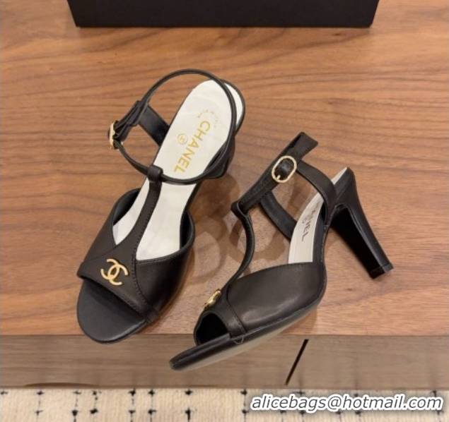 Luxury Chanel Calfskin Leather Heel Sandals with T Strap G47030 Black 2026