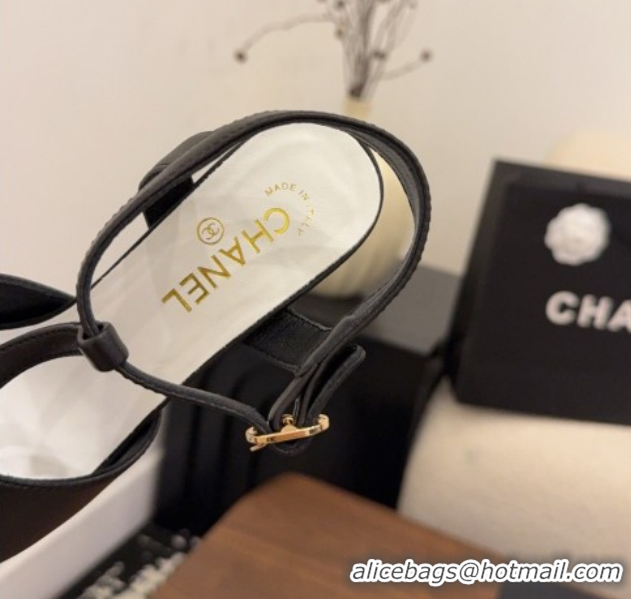 Luxury Chanel Calfskin Leather Heel Sandals with T Strap G47030 Black 2026