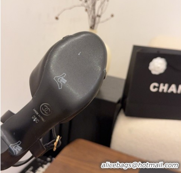 Luxury Chanel Calfskin Leather Heel Sandals with T Strap G47030 Black 2026