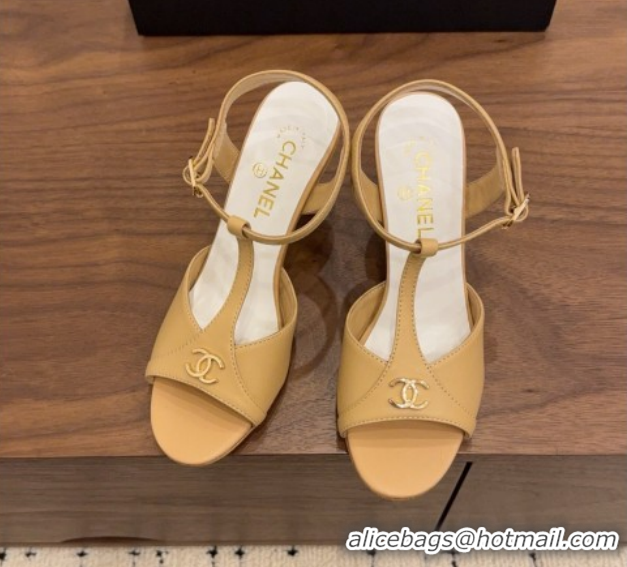 Good Quality Chanel Calfskin Leather Heel Sandals with T Strap G47030 Beige 2026