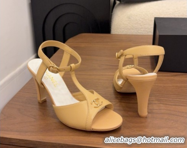 Good Quality Chanel Calfskin Leather Heel Sandals with T Strap G47030 Beige 2026