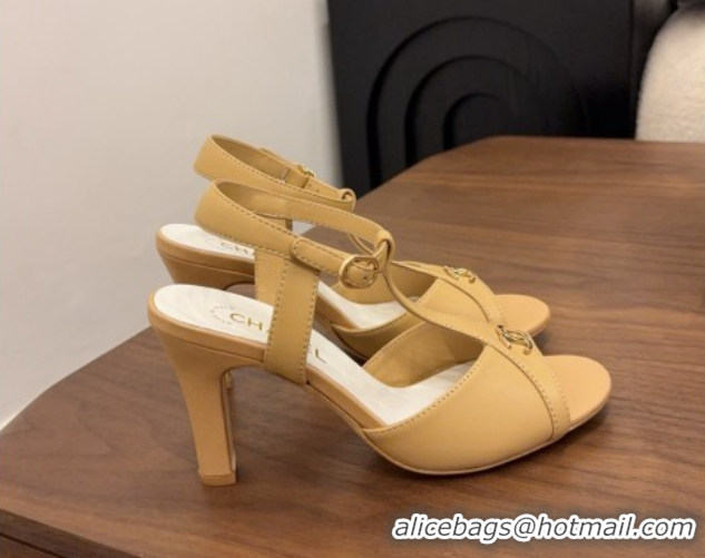 Good Quality Chanel Calfskin Leather Heel Sandals with T Strap G47030 Beige 2026