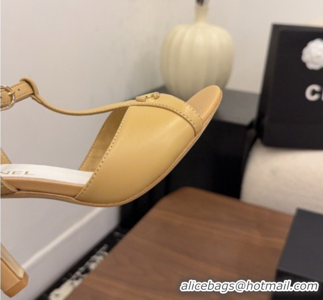 Good Quality Chanel Calfskin Leather Heel Sandals with T Strap G47030 Beige 2026