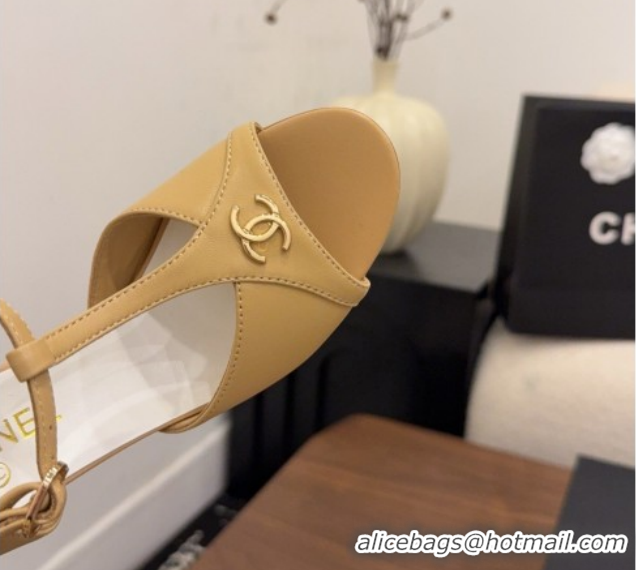 Good Quality Chanel Calfskin Leather Heel Sandals with T Strap G47030 Beige 2026