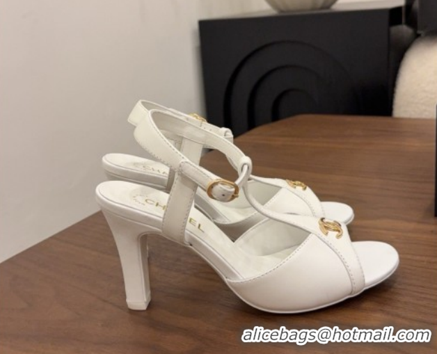 Luxury Cheap Chanel Calfskin Leather Heel Sandals with T Strap G47030 White 2026