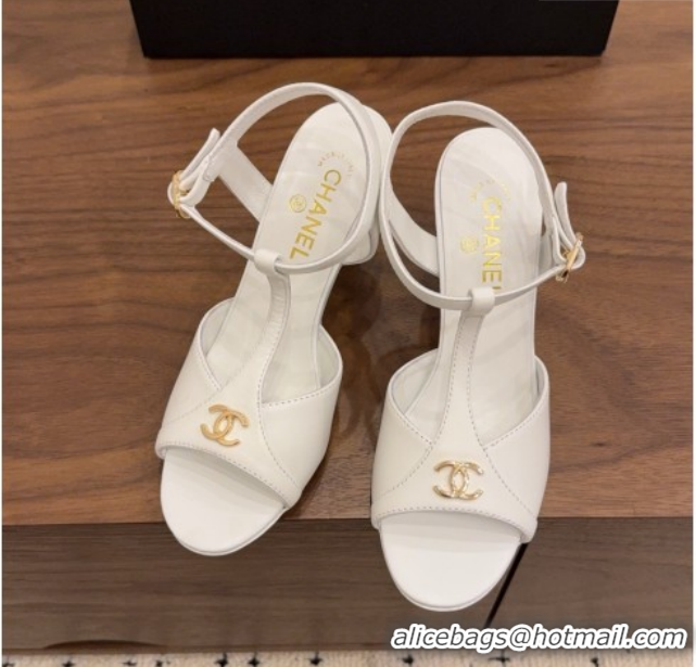 Luxury Cheap Chanel Calfskin Leather Heel Sandals with T Strap G47030 White 2026