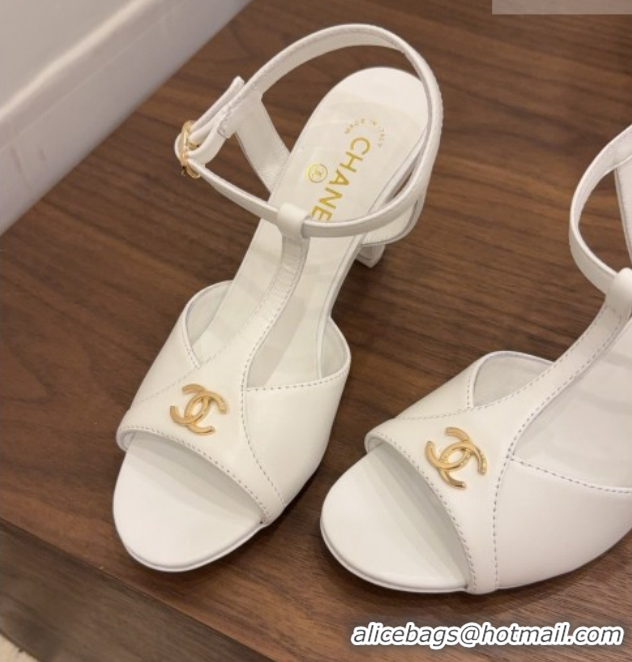 Luxury Cheap Chanel Calfskin Leather Heel Sandals with T Strap G47030 White 2026