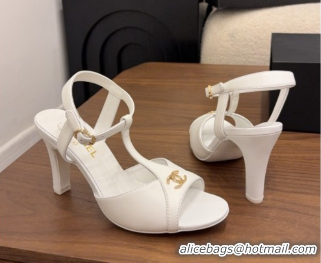 Luxury Cheap Chanel Calfskin Leather Heel Sandals with T Strap G47030 White 2026