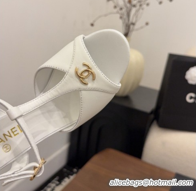 Luxury Cheap Chanel Calfskin Leather Heel Sandals with T Strap G47030 White 2026