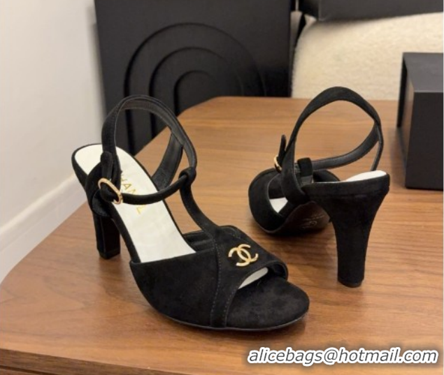 Luxury Chanel Suede Heel Sandals with T Strap G47030 Black 2026
