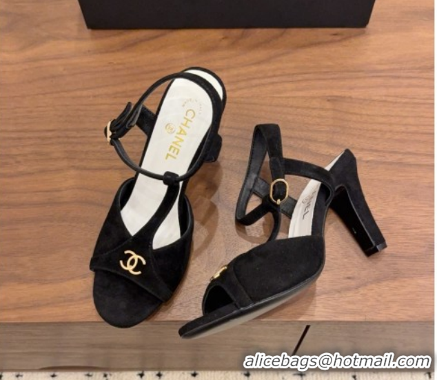 Luxury Chanel Suede Heel Sandals with T Strap G47030 Black 2026