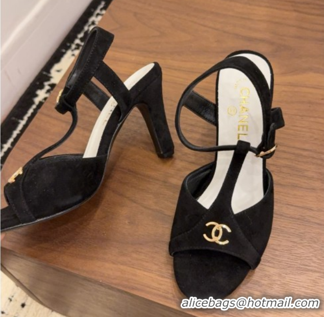 Luxury Chanel Suede Heel Sandals with T Strap G47030 Black 2026