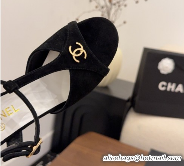 Luxury Chanel Suede Heel Sandals with T Strap G47030 Black 2026