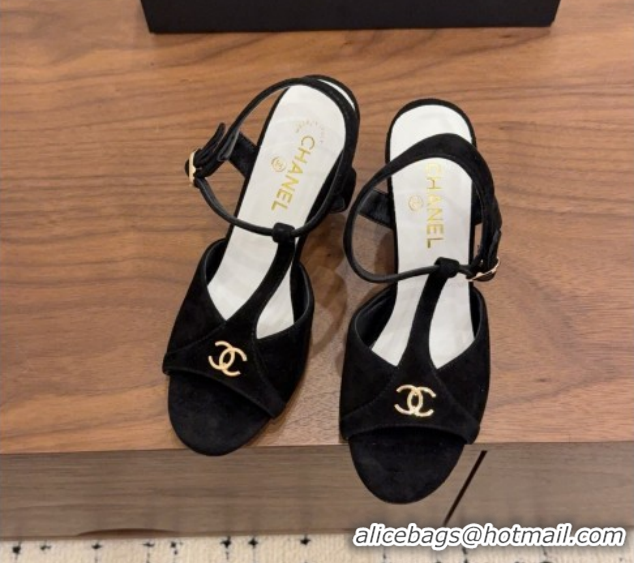 Luxury Chanel Suede Heel Sandals with T Strap G47030 Black 2026
