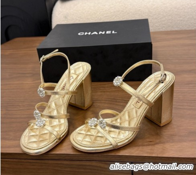 Unique Style Chanel Lambskin Leather Heel Strap Sandals 9cm with Bloom G46964 Gold 2026