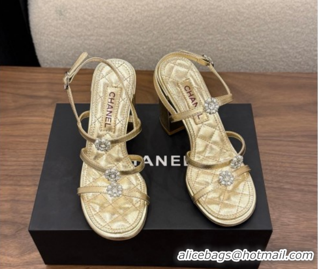 Unique Style Chanel Lambskin Leather Heel Strap Sandals 9cm with Bloom G46964 Gold 2026