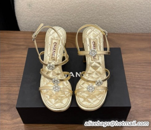 Unique Style Chanel Lambskin Leather Heel Strap Sandals 9cm with Bloom G46964 Gold 2026