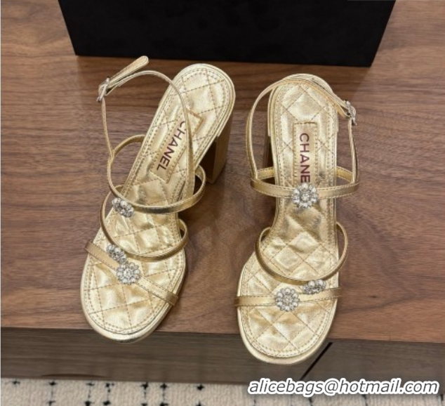 Unique Style Chanel Lambskin Leather Heel Strap Sandals 9cm with Bloom G46964 Gold 2026