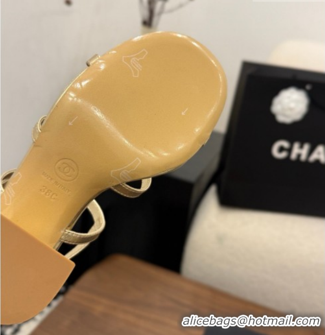 Unique Style Chanel Lambskin Leather Heel Strap Sandals 9cm with Bloom G46964 Gold 2026