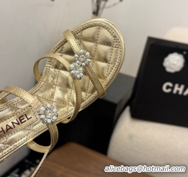 Unique Style Chanel Lambskin Leather Heel Strap Sandals 9cm with Bloom G46964 Gold 2026
