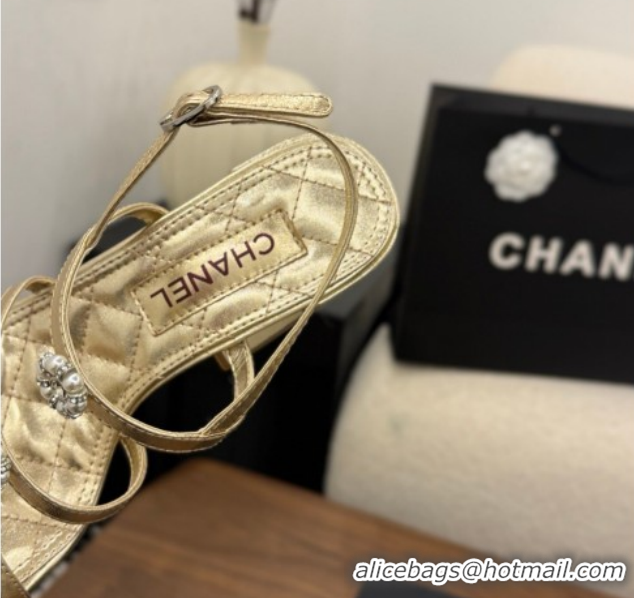 Unique Style Chanel Lambskin Leather Heel Strap Sandals 9cm with Bloom G46964 Gold 2026