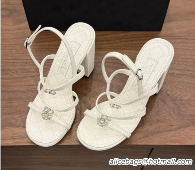 Good Looking Chanel Lambskin Leather Heel Strap Sandals 9cm with Bloom G46964 White 2026