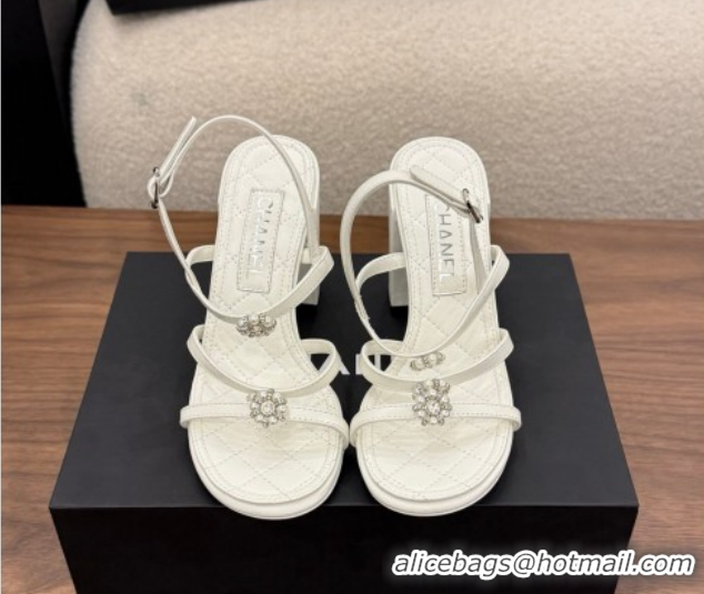 Good Looking Chanel Lambskin Leather Heel Strap Sandals 9cm with Bloom G46964 White 2026