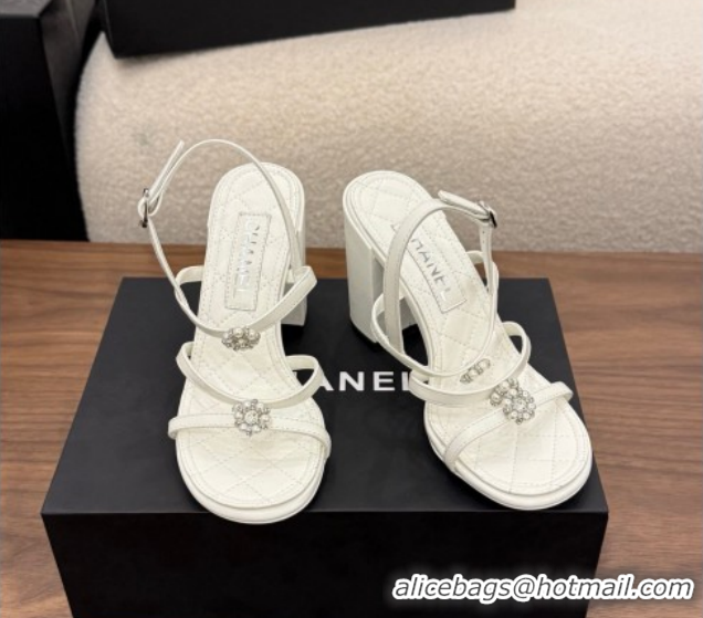 Good Looking Chanel Lambskin Leather Heel Strap Sandals 9cm with Bloom G46964 White 2026
