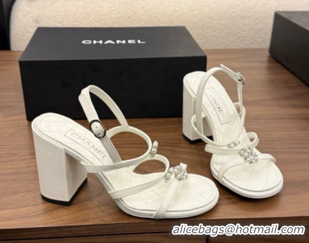 Good Looking Chanel Lambskin Leather Heel Strap Sandals 9cm with Bloom G46964 White 2026
