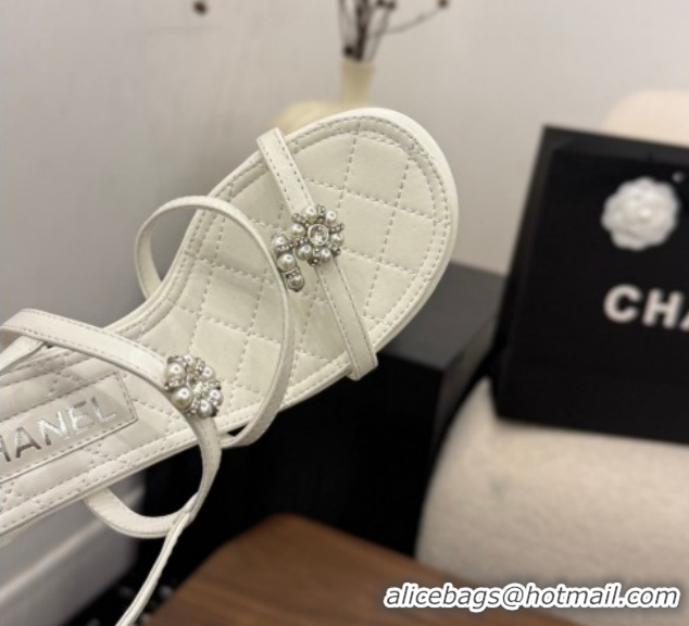 Good Looking Chanel Lambskin Leather Heel Strap Sandals 9cm with Bloom G46964 White 2026