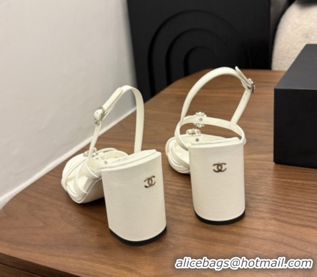 Good Looking Chanel Lambskin Leather Heel Strap Sandals 9cm with Bloom G46964 White 2026