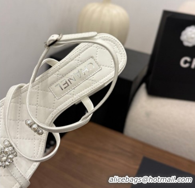 Good Looking Chanel Lambskin Leather Heel Strap Sandals 9cm with Bloom G46964 White 2026