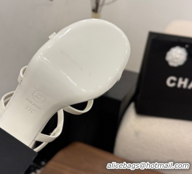 Good Looking Chanel Lambskin Leather Heel Strap Sandals 9cm with Bloom G46964 White 2026