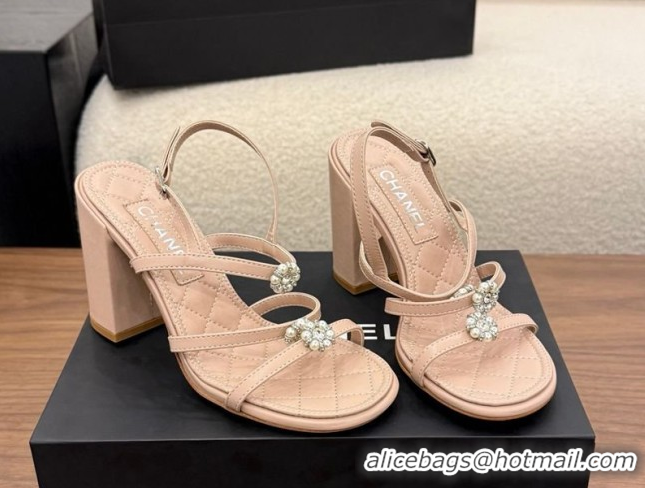 Stylish Chanel Lambskin Leather Heel Strap Sandals 9cm with Bloom G46964 Pink 2026