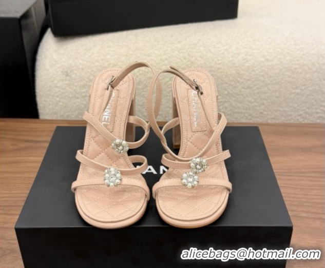 Stylish Chanel Lambskin Leather Heel Strap Sandals 9cm with Bloom G46964 Pink 2026