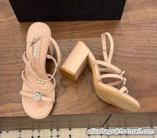 Stylish Chanel Lambskin Leather Heel Strap Sandals 9cm with Bloom G46964 Pink 2026