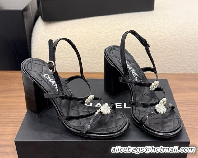 Shop Cheap Chanel Lambskin Leather Heel Strap Sandals 9cm with Bloom G46964 Black 2026