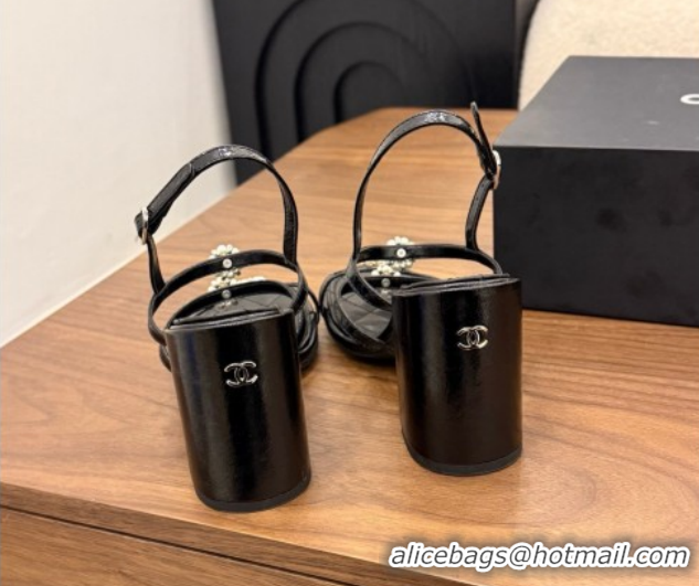 Shop Cheap Chanel Lambskin Leather Heel Strap Sandals 9cm with Bloom G46964 Black 2026