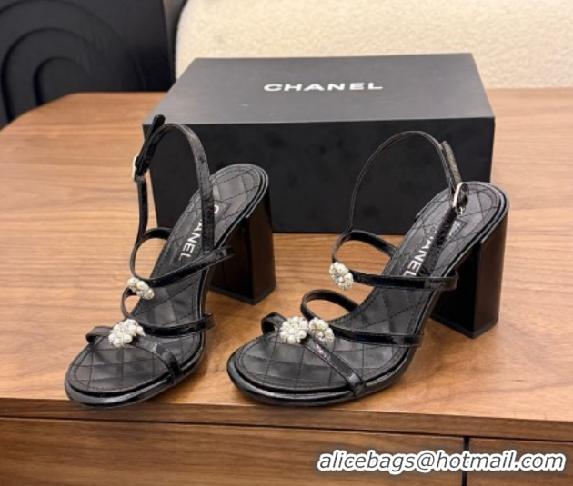 Shop Cheap Chanel Lambskin Leather Heel Strap Sandals 9cm with Bloom G46964 Black 2026