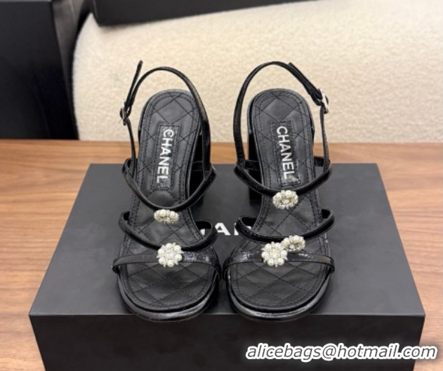 Shop Cheap Chanel Lambskin Leather Heel Strap Sandals 9cm with Bloom G46964 Black 2026