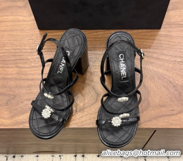 Shop Cheap Chanel Lambskin Leather Heel Strap Sandals 9cm with Bloom G46964 Black 2026